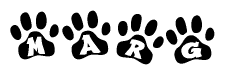 The image shows a series of animal paw prints arranged in a horizontal line. Each paw print contains a letter, and together they spell out the word Marg.