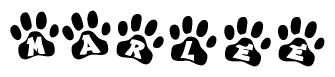 The image shows a series of animal paw prints arranged in a horizontal line. Each paw print contains a letter, and together they spell out the word Marlee.
