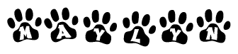 The image shows a series of animal paw prints arranged in a horizontal line. Each paw print contains a letter, and together they spell out the word Maylyn.