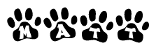 The image shows a series of animal paw prints arranged horizontally. Within each paw print, there's a letter; together they spell Matt