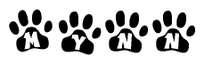 The image shows a series of animal paw prints arranged in a horizontal line. Each paw print contains a letter, and together they spell out the word Mynn.