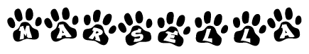 The image shows a series of animal paw prints arranged in a horizontal line. Each paw print contains a letter, and together they spell out the word Marsella.