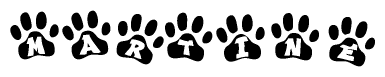The image shows a series of animal paw prints arranged in a horizontal line. Each paw print contains a letter, and together they spell out the word Martine.