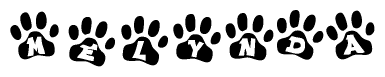 The image shows a series of animal paw prints arranged in a horizontal line. Each paw print contains a letter, and together they spell out the word Melynda.