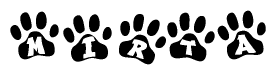 The image shows a series of animal paw prints arranged in a horizontal line. Each paw print contains a letter, and together they spell out the word Mirta.