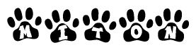 The image shows a series of animal paw prints arranged horizontally. Within each paw print, there's a letter; together they spell Miton