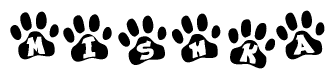 The image shows a row of animal paw prints, each containing a letter. The letters spell out the word Mishka within the paw prints.