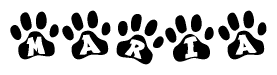 The image shows a series of animal paw prints arranged horizontally. Within each paw print, there's a letter; together they spell Maria