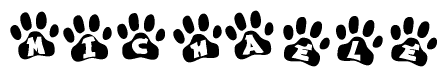 The image shows a series of animal paw prints arranged in a horizontal line. Each paw print contains a letter, and together they spell out the word Michaele.