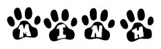 The image shows a series of animal paw prints arranged in a horizontal line. Each paw print contains a letter, and together they spell out the word Minh.