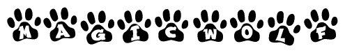The image shows a series of animal paw prints arranged in a horizontal line. Each paw print contains a letter, and together they spell out the word Magicwolf.