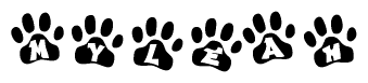 The image shows a series of animal paw prints arranged horizontally. Within each paw print, there's a letter; together they spell Myleah
