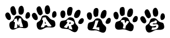 The image shows a series of animal paw prints arranged in a horizontal line. Each paw print contains a letter, and together they spell out the word Marlys.