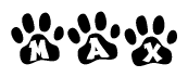 The image shows a row of animal paw prints, each containing a letter. The letters spell out the word Max within the paw prints.