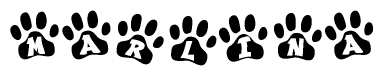 The image shows a series of animal paw prints arranged in a horizontal line. Each paw print contains a letter, and together they spell out the word Marlina.