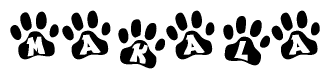 The image shows a row of animal paw prints, each containing a letter. The letters spell out the word Makala within the paw prints.