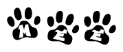 The image shows a series of animal paw prints arranged in a horizontal line. Each paw print contains a letter, and together they spell out the word Mee.