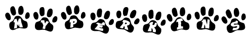 The image shows a series of animal paw prints arranged in a horizontal line. Each paw print contains a letter, and together they spell out the word Myperkins.