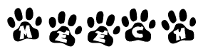 The image shows a series of animal paw prints arranged in a horizontal line. Each paw print contains a letter, and together they spell out the word Meech.