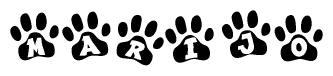 The image shows a series of animal paw prints arranged in a horizontal line. Each paw print contains a letter, and together they spell out the word Marijo.