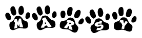 The image shows a row of animal paw prints, each containing a letter. The letters spell out the word Marsy within the paw prints.