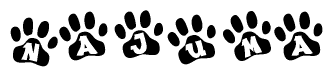 The image shows a series of animal paw prints arranged horizontally. Within each paw print, there's a letter; together they spell Najuma