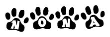 The image shows a series of animal paw prints arranged in a horizontal line. Each paw print contains a letter, and together they spell out the word Nona.