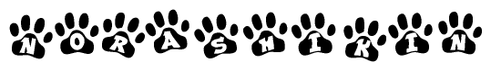 The image shows a series of animal paw prints arranged in a horizontal line. Each paw print contains a letter, and together they spell out the word Norashikin.