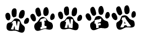 The image shows a series of animal paw prints arranged in a horizontal line. Each paw print contains a letter, and together they spell out the word Ninfa.