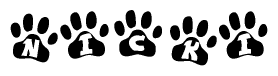 The image shows a series of animal paw prints arranged in a horizontal line. Each paw print contains a letter, and together they spell out the word Nicki.