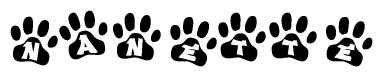 The image shows a series of animal paw prints arranged in a horizontal line. Each paw print contains a letter, and together they spell out the word Nanette.
