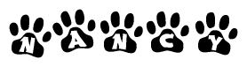 The image shows a series of animal paw prints arranged in a horizontal line. Each paw print contains a letter, and together they spell out the word Nancy.