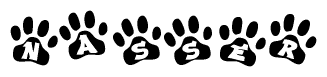 The image shows a series of animal paw prints arranged horizontally. Within each paw print, there's a letter; together they spell Nasser