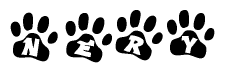 The image shows a row of animal paw prints, each containing a letter. The letters spell out the word Nery within the paw prints.