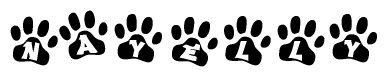 The image shows a series of animal paw prints arranged in a horizontal line. Each paw print contains a letter, and together they spell out the word Nayelly.