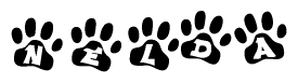 The image shows a series of animal paw prints arranged horizontally. Within each paw print, there's a letter; together they spell Nelda
