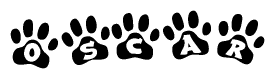 The image shows a row of animal paw prints, each containing a letter. The letters spell out the word Oscar within the paw prints.