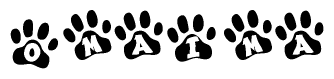 The image shows a row of animal paw prints, each containing a letter. The letters spell out the word Omaima within the paw prints.