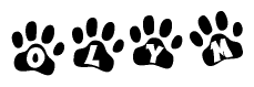 The image shows a series of animal paw prints arranged horizontally. Within each paw print, there's a letter; together they spell Olym