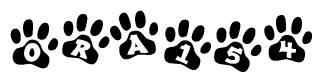 The image shows a series of animal paw prints arranged in a horizontal line. Each paw print contains a letter, and together they spell out the word Ora154.
