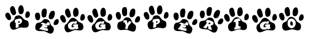 The image shows a row of animal paw prints, each containing a letter. The letters spell out the word Peggyperigo within the paw prints.