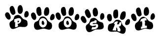 The image shows a series of animal paw prints arranged in a horizontal line. Each paw print contains a letter, and together they spell out the word Pooski.