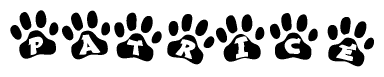 The image shows a series of animal paw prints arranged in a horizontal line. Each paw print contains a letter, and together they spell out the word Patrice.