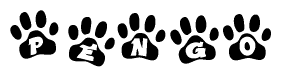 The image shows a row of animal paw prints, each containing a letter. The letters spell out the word Pengo within the paw prints.