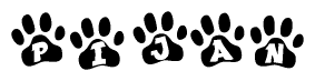 The image shows a row of animal paw prints, each containing a letter. The letters spell out the word Pijan within the paw prints.