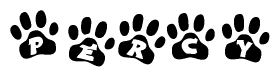 The image shows a series of animal paw prints arranged horizontally. Within each paw print, there's a letter; together they spell Percy