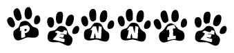 The image shows a row of animal paw prints, each containing a letter. The letters spell out the word Pennie within the paw prints.