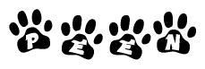The image shows a series of animal paw prints arranged in a horizontal line. Each paw print contains a letter, and together they spell out the word Peen.