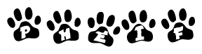 The image shows a series of animal paw prints arranged in a horizontal line. Each paw print contains a letter, and together they spell out the word Pheif.