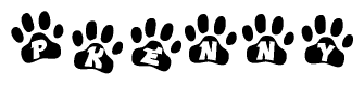 The image shows a series of animal paw prints arranged in a horizontal line. Each paw print contains a letter, and together they spell out the word Pkenny.